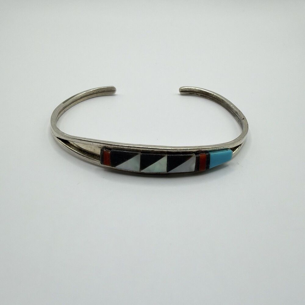 925 Sterling Silver Multicolor Inlay Cuff Bracelet 6" 5.3g Southwestern Style